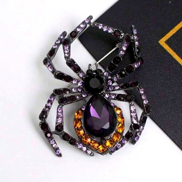 Gothic Rhinestone Spider Brooch, Black, Orange, and Purple, Dark W… - Picture 2 of 3